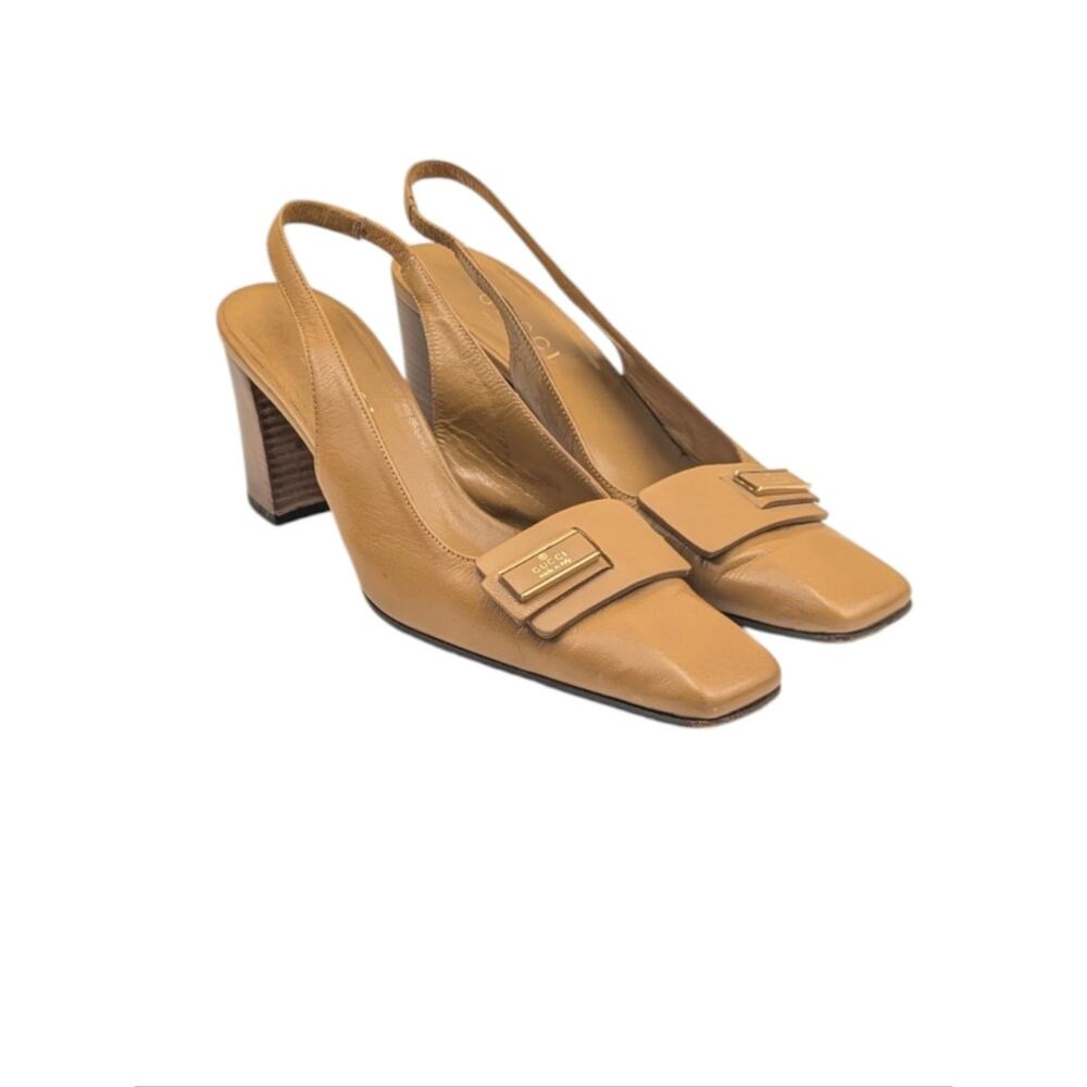 Gucci Vintage Tom Ford Era Tan Leather Slingback Heels Square Toe Italy 6B S4050 - Picture 6 of 15